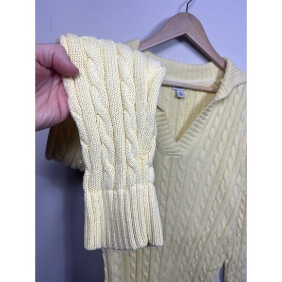 LL BEAN Womens Sweater Medium Yellow Cable Knit Collared Long Sleeve - Picture 4 of 9